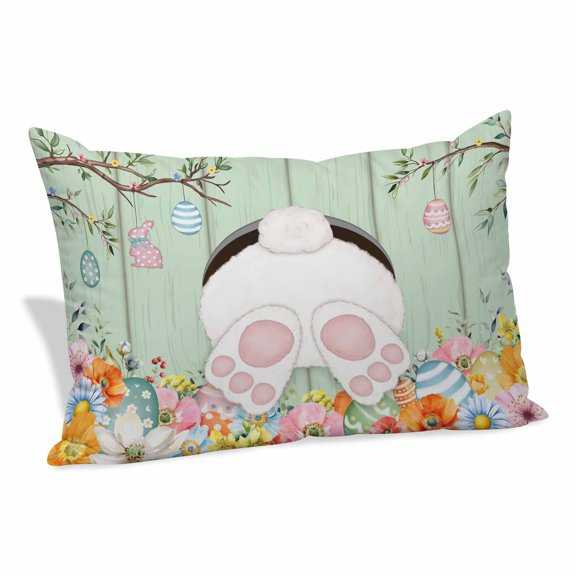 Easter Pillow Covers, Linen Long Throw Pillow Case, Spring Watercolor Bunny Eggs Wooden Grain Green Holiday Pillow Protector Decorative Cushion Cover for Living Room/Bedroom 20" x 36"