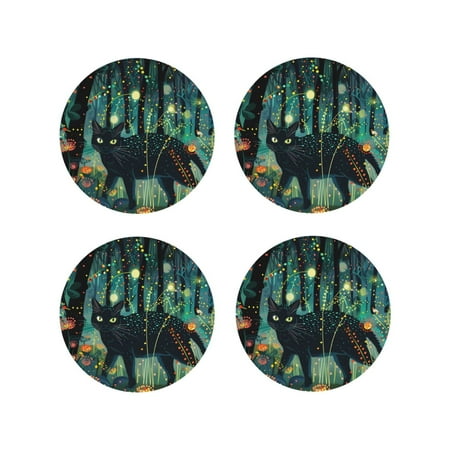 

Lukts Mystical Black Cat Fireflies Print Leather Drinks Coasters Set of 4 Suitable or Drinks Furniture Protection and Easy Clean up-Round Shape
