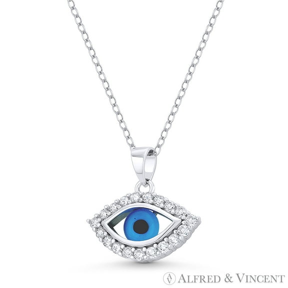 Evil Eye Luck Charm Glass Bead & CZ Crystal Pendant & Chain Necklace in .925 Sterling Silver w/ Rhodium