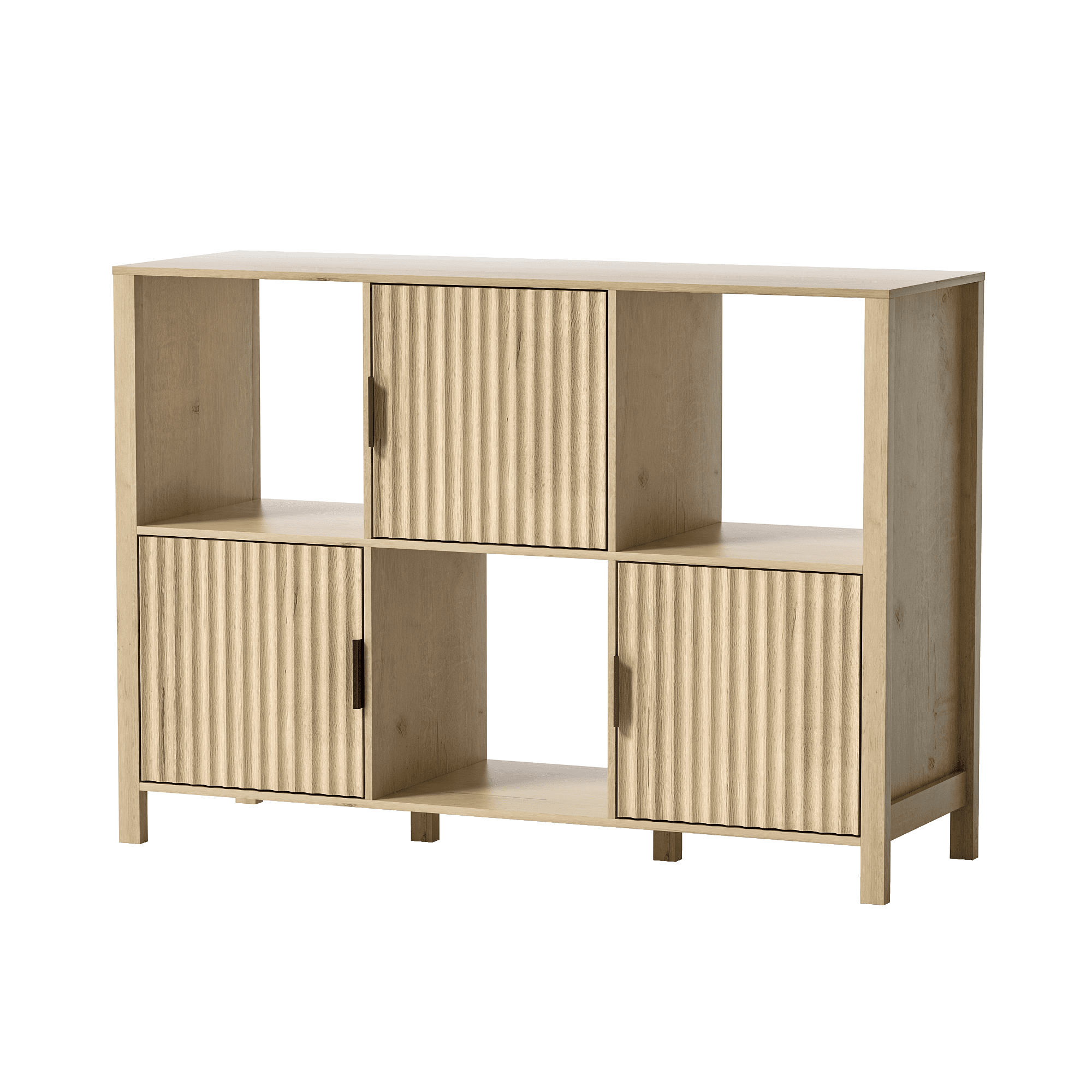 EYYTHUNG Fluted Storage Organizer Bookshelf, Modern Cube Bookcase with 3 Open Shelf and 3 Cabinets with Doors, Light Oak