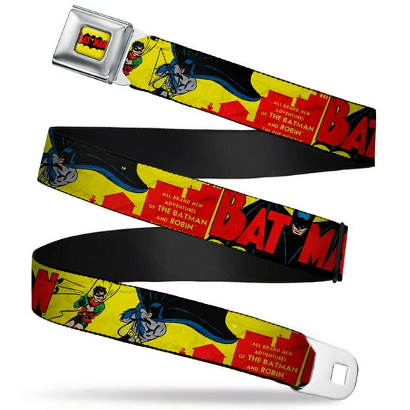 DC Comics Belt, Seatbelt Buckle Belt, Classic Batman Issue 1 Robin Batman Cover Pose Yellow Red, 30 to 44 Inches