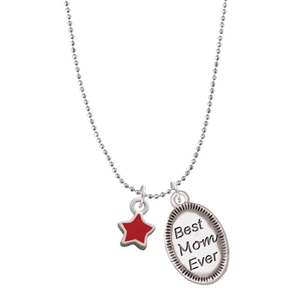 Delight Jewelry Silvertone Mini 2-D Red Star Best Mom Ever Charm Necklace