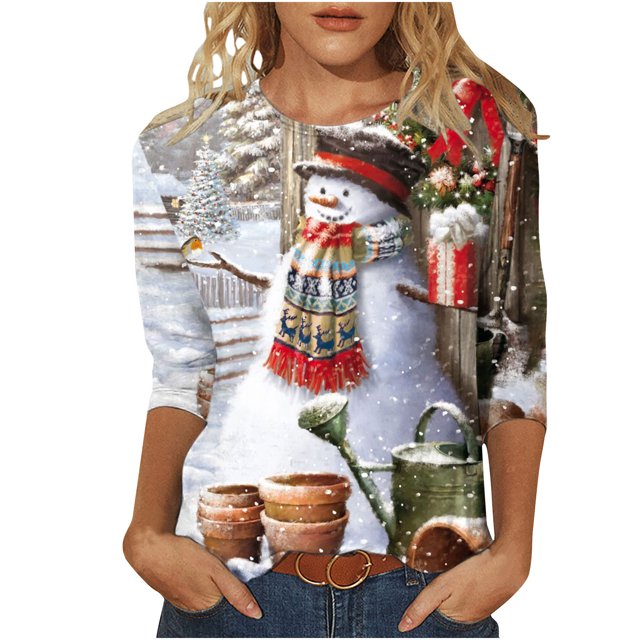 Camisas Navideñas Para Mujer Tops de Cuello Redondo Blusa Informal Suelta Con Manga 3/4 Y Estampado Navideño Odeerbi ODB197929