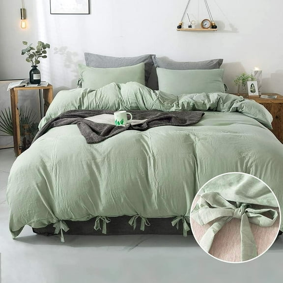 Duvet Cover Queen Size Sage Green, 3 Pieces Soft Washed Microfiber Duvet Cover Set, Comforter Cover with Bowknot Bow Tie (1 Duvet Cover 90x90 Inch, 2 Pillowcases) Easy Care Bedding Set