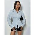 thumbnail image 4 of Women'S Striped Button Down Slim Fit Shirt Long Sleeve Collar Work Blouse Tops Blue S, 4 of 8