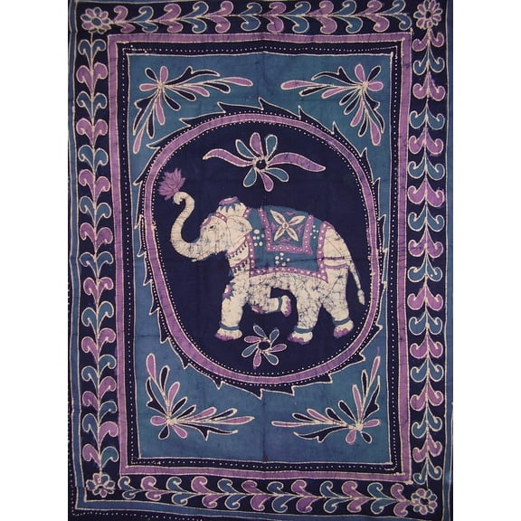 Lucky Batik Elephant Tapestry Cotton Spread 102" x 70" Twin Blue