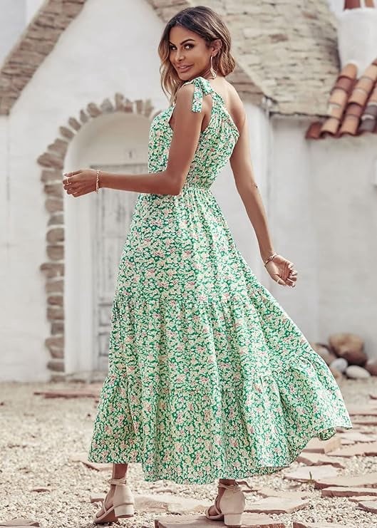 Damen Maxikleid Mit Blumenmuster, Elastische Taillie, A-Linie, Knöchellang – Lässig & Elegant Für Sommer, Urlaub, Party