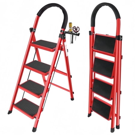 ESLIFE 4-Step Folding Step Stool, 330lb Capacity, Carbon Steel, Anti-Slip Pedals, Multi-Use for Home, Kitchen & Office,Red