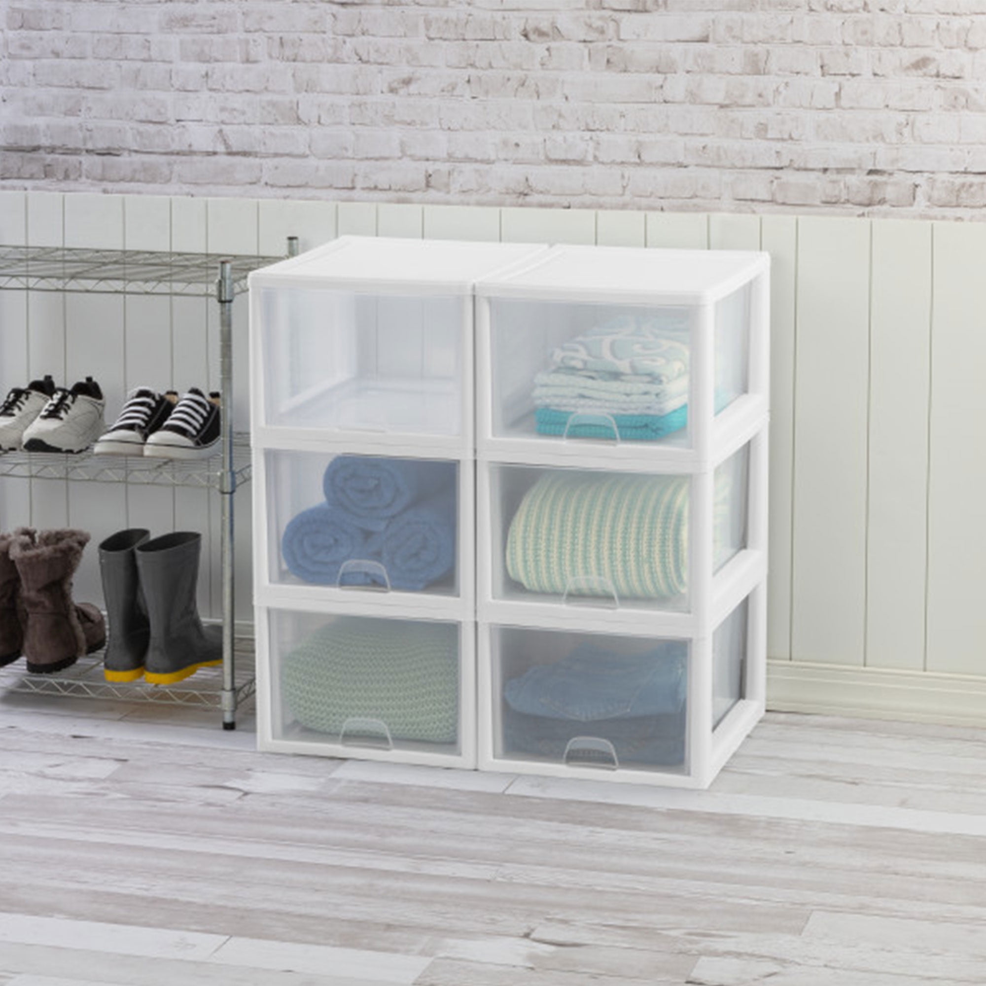Sterilite 27 Qt Stacking and Modular Plastic Storage Drawers, White Frame, 4 Pack