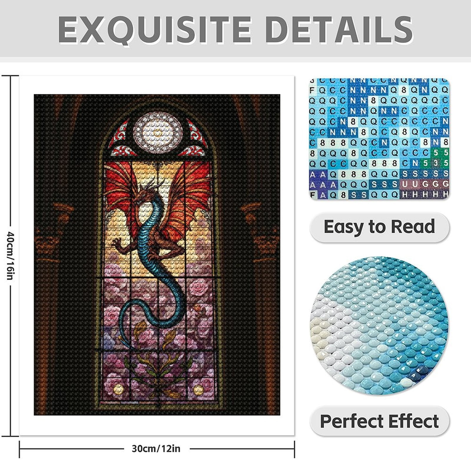 Diamond Art Kit for Adults, Dragon Stained Glass Window Art Diamond Painting for Adults Beginners, DIY Diamond Art Painting Kits, 5D Diamond Painting Crafts for Home Decor 12x16 Frameless