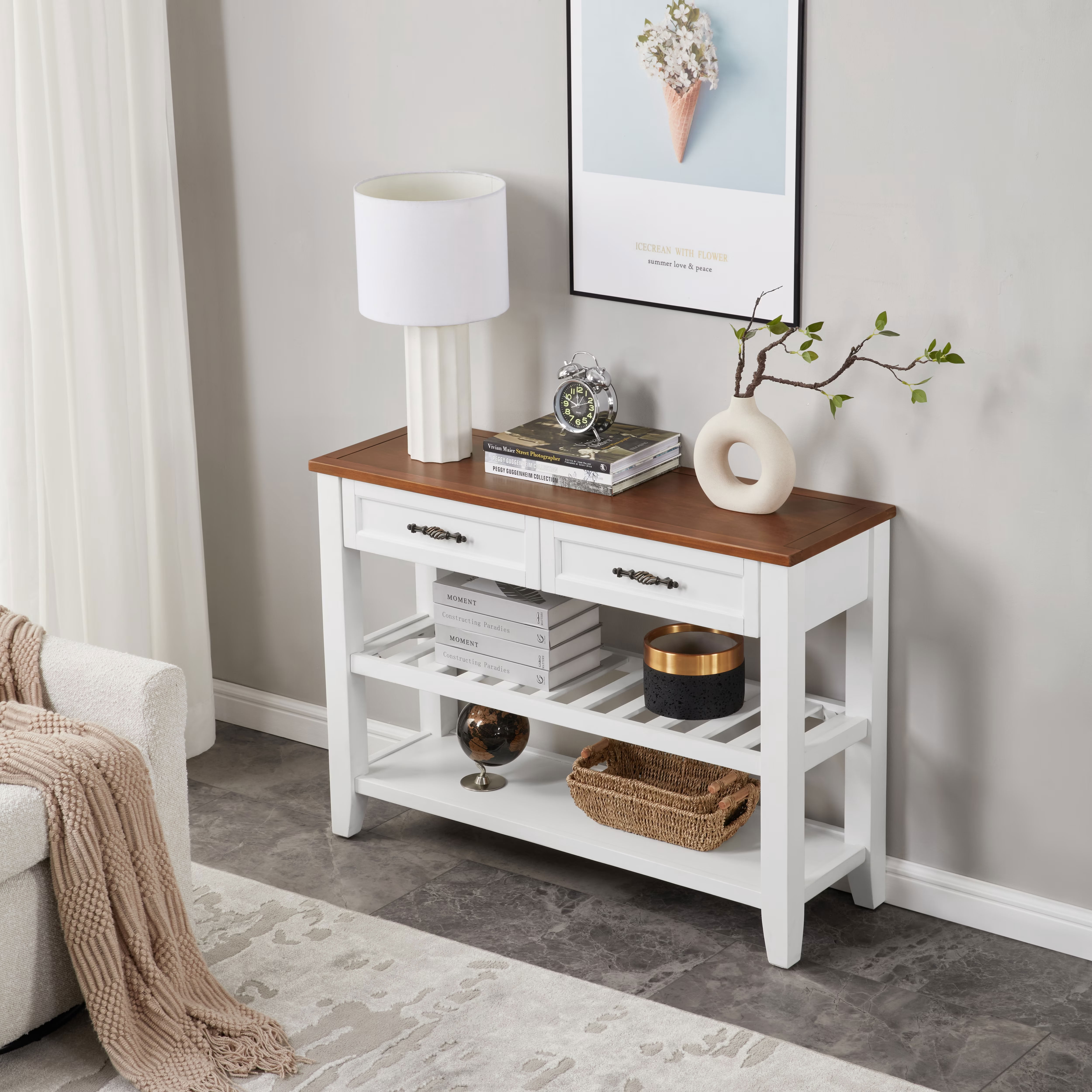 MAYEERTY Retro Console Table with 2 Drawers and Shelves, Solid Pine Wood Table for Living Room, Entryway, Hallway
