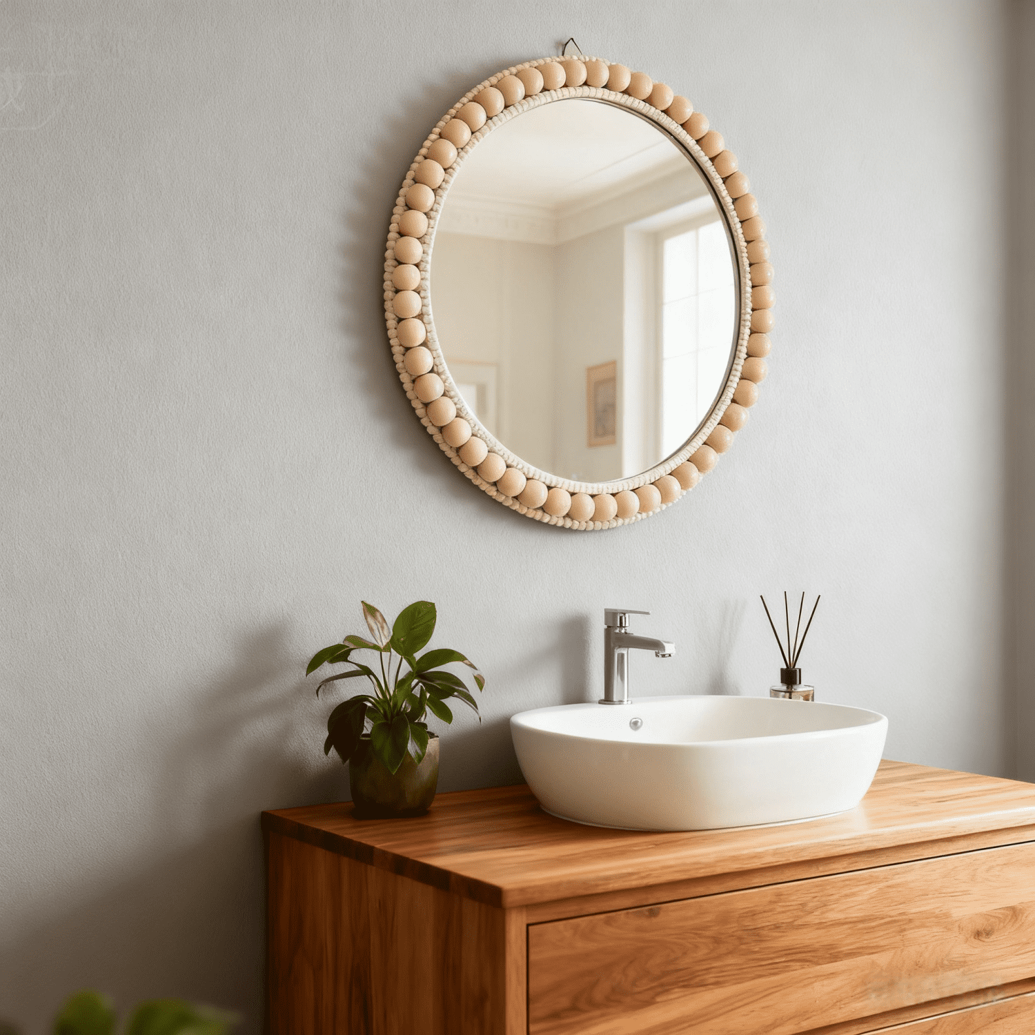 MEHOOM 17" Round Wall Mirror, Boho Hanging Round Mirror, Wall Decor for Bedroom, Bathroom, Living Room, Beige