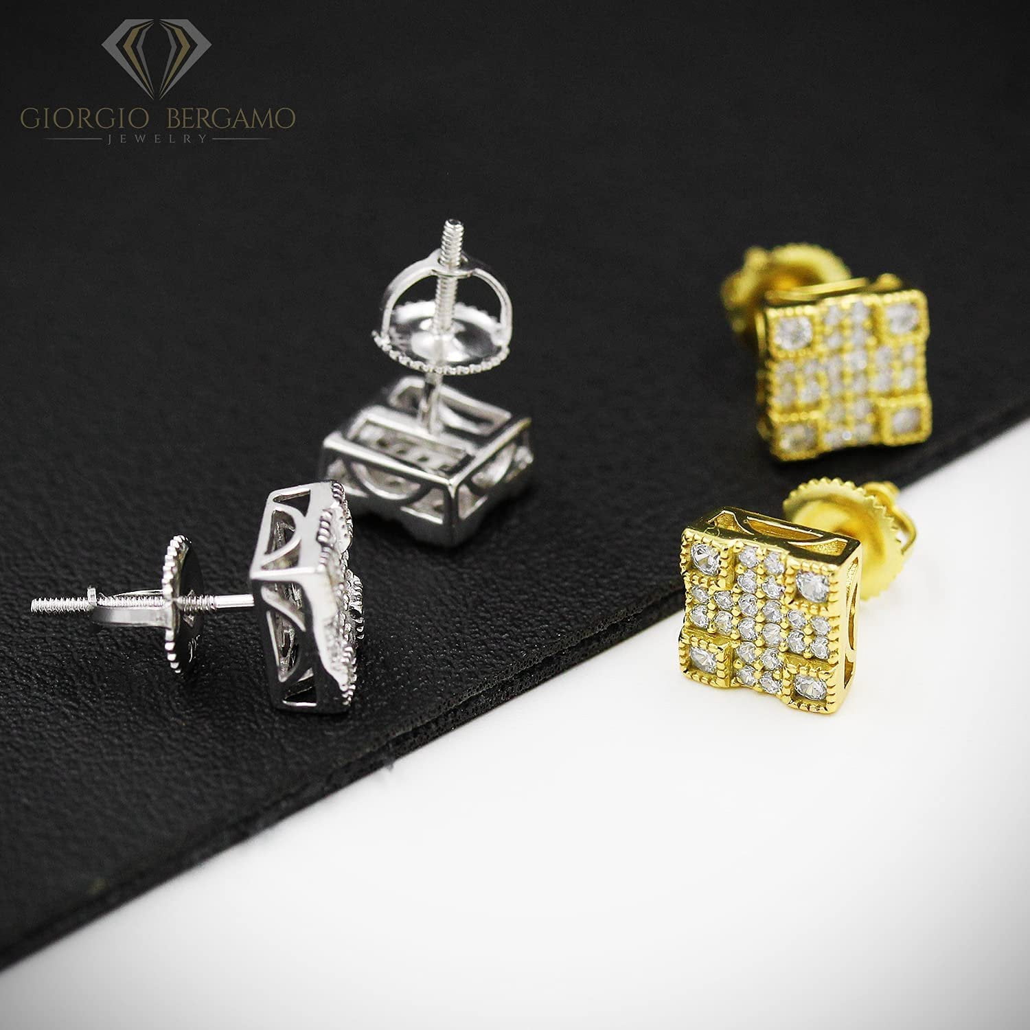 925 Sterling Silver Unisex Square 3D Screw Back Stud Earring, Men's, Women, Gold Plated 3 Dimensional Micro Pave CZ Cubic Zirconia, Giorgio Bergamo Gold