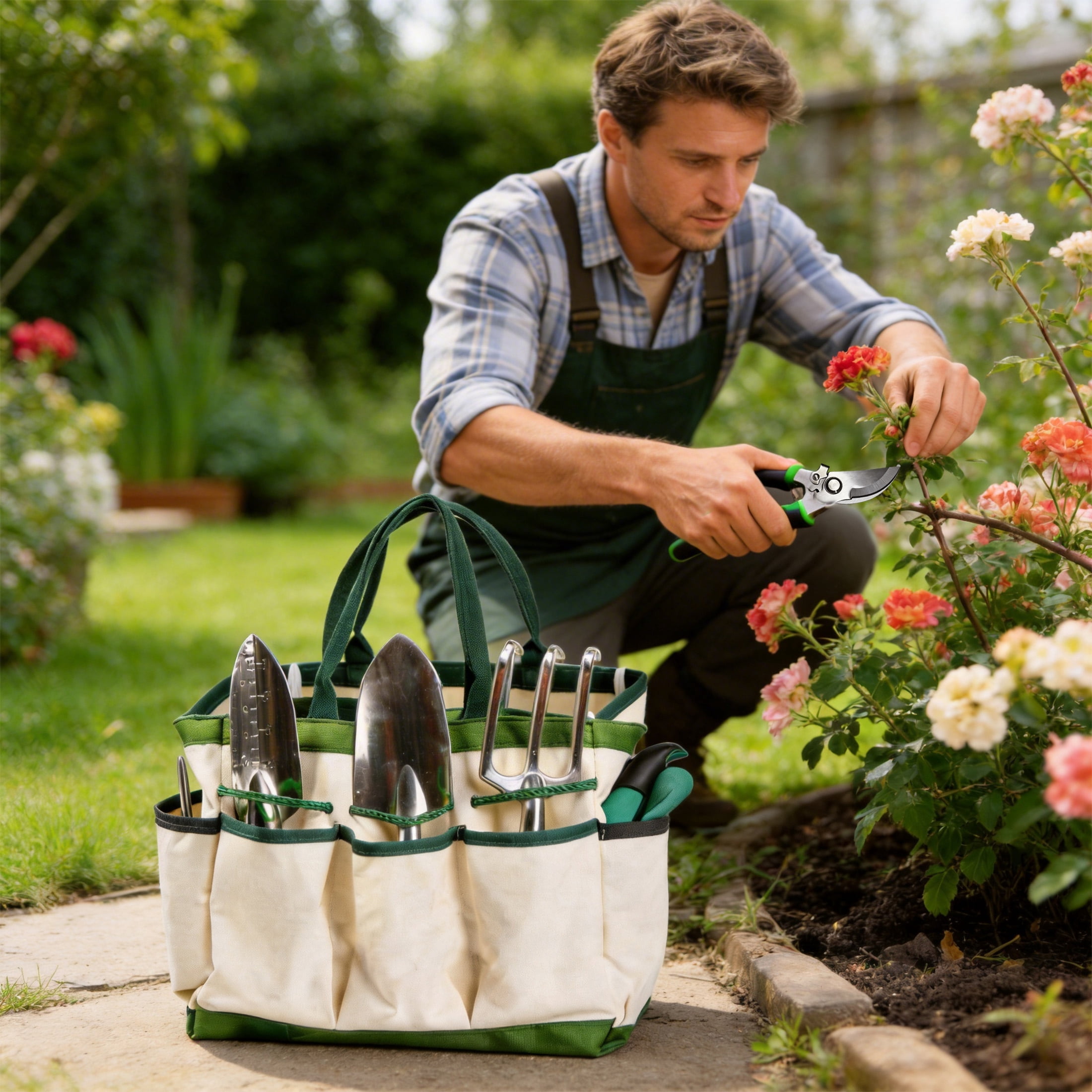 12 Piece Garden Tool Set, Heavy Duty Stainless Steel Gardening Tools with Ergonomic Handles, Canvas Tote Bag & Gloves for Planting, Pruning, Weeding, Garden Gifts Supplies