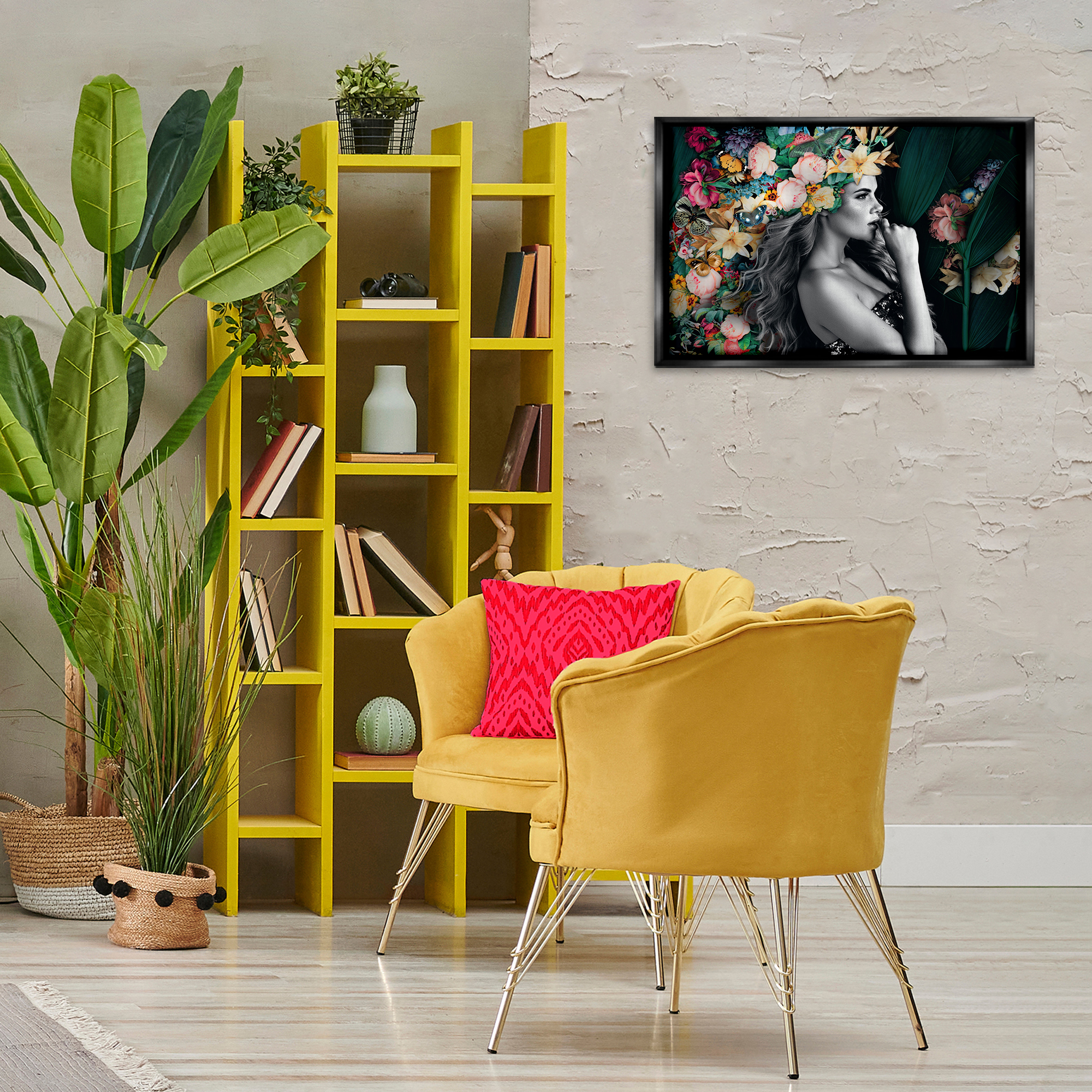 Stupell Industries Woman with Tropical Flowers Plants & Flowers Painting Black Floater Framed Canvas Art Print Wall Art, 25 x 17
