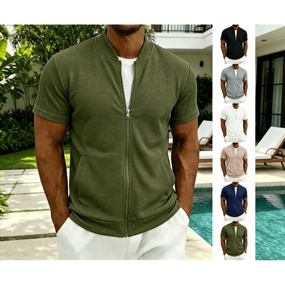 Mens Short Sleeve Bomber Jacket Casual Lightweight Sport Varsity Jackets Waffle Full Zip Coat Track Jackets Running Athletic Active Jacket Big and Tall Size S-3XL White