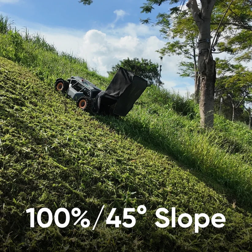 Mowrator S1 4WD 18Ah Remote Control Lawn Mower with Deformable Tires, All-Season Yard Care, 100% (45°) Slope Climbing, with Leaf Shredding Vacuum, 21" Width, 1.5–4.3" Cutting Height, Up to 1.12 Acres