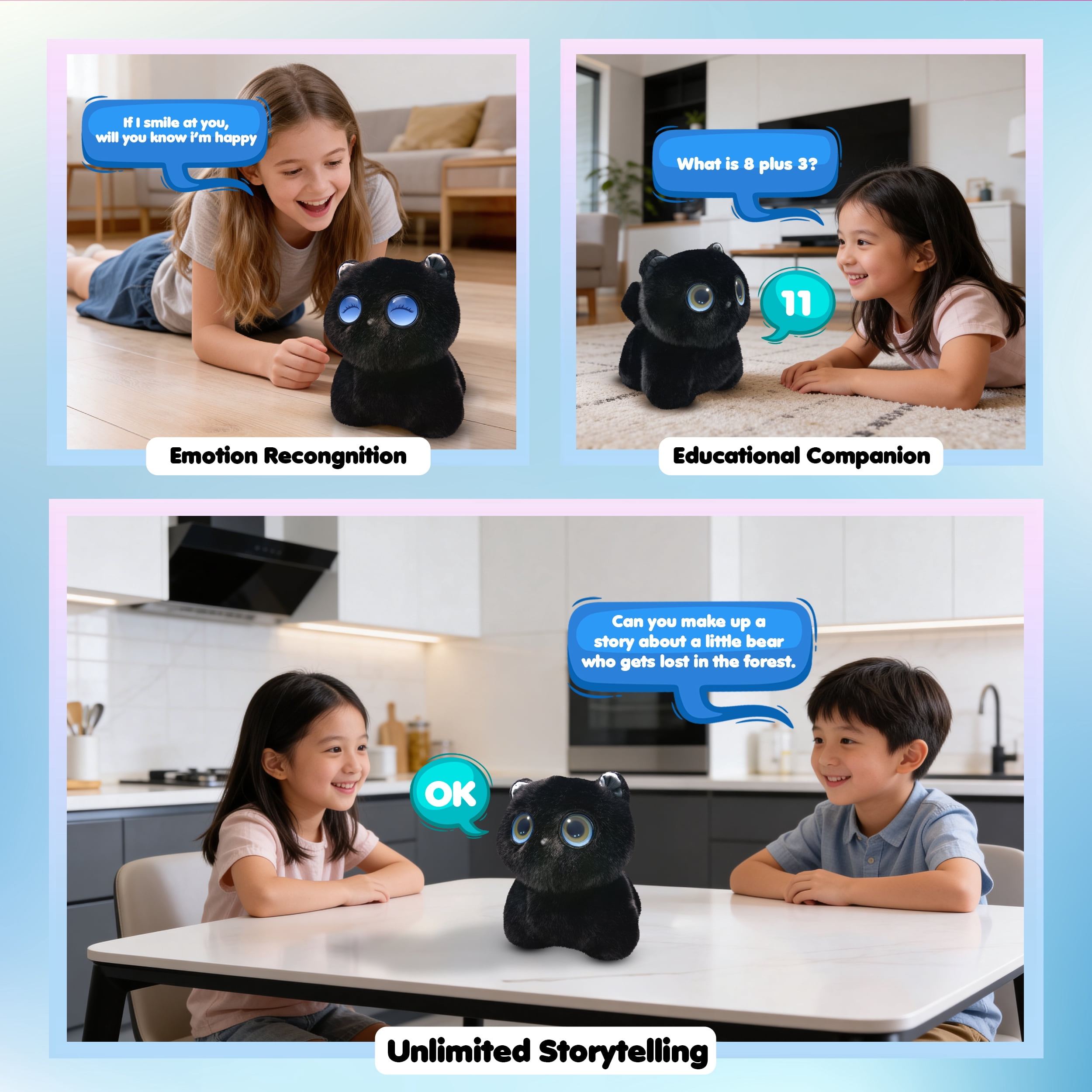 AI Pixie Paw Smart Interactive Plush Cat Voice Responsive Touch Activated Expressive Eyes AI Companion Stuffed Animal for Kids and Pet Lovers, Black