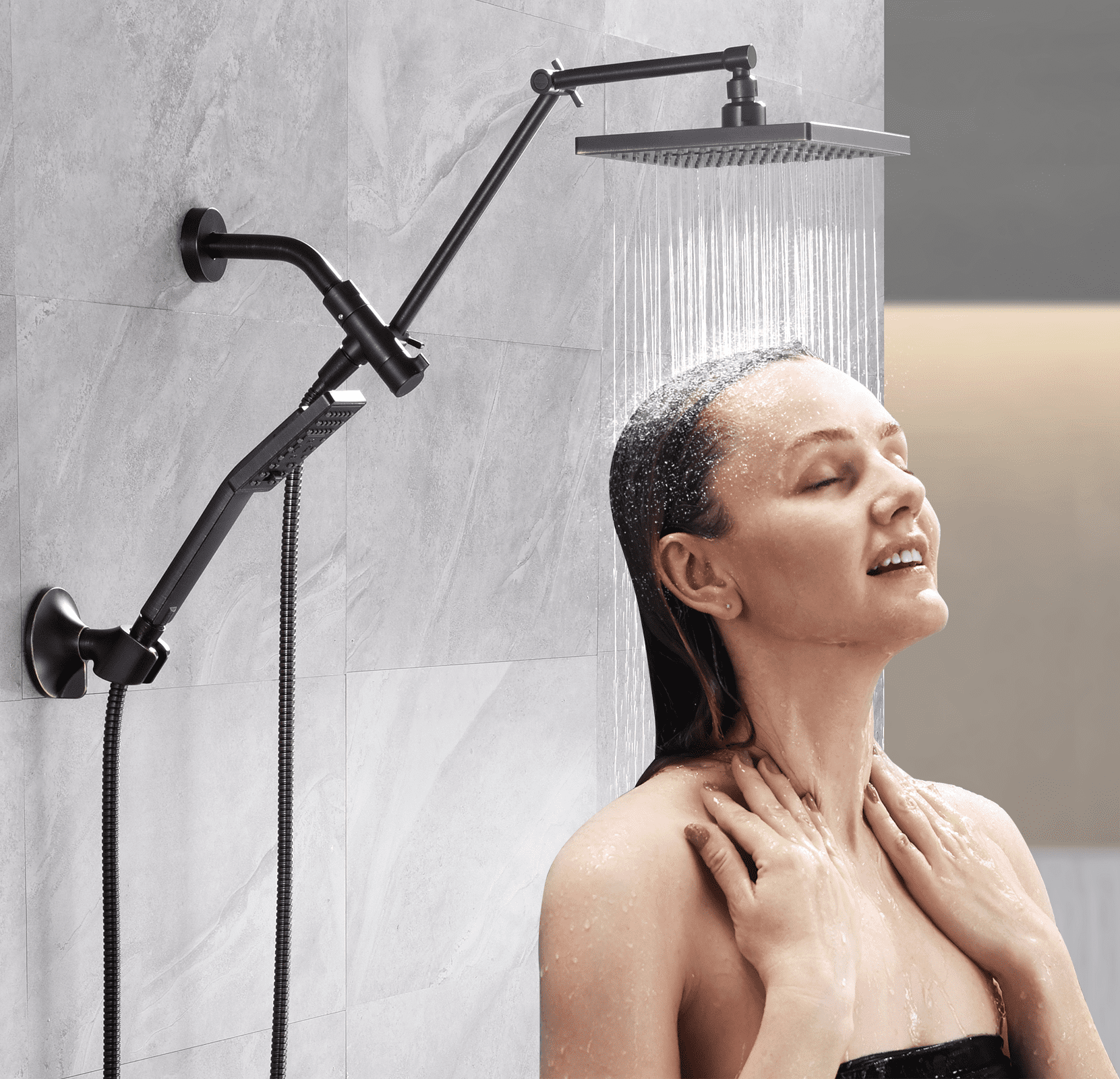 BRIGHT SHOWERS High Pressure Rain Shower Head Combo with Double Extension Arm, 8 Inch Rainfall Shower Head with Handheld Spray, Height Adjustable Dual Square Showerhead Set, Oil-Rubbed Bronze