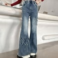 thumbnail image 4 of XIMIN Kid Girls Flared Jeans Bell Bottoms Elastic Waist Ripped Cute Wide Leg Denim Pants Elastic Waist Loose Fit School Trousers Vintage Y2k Streetwear Aesthetic Teen Clothes, 4 of 8