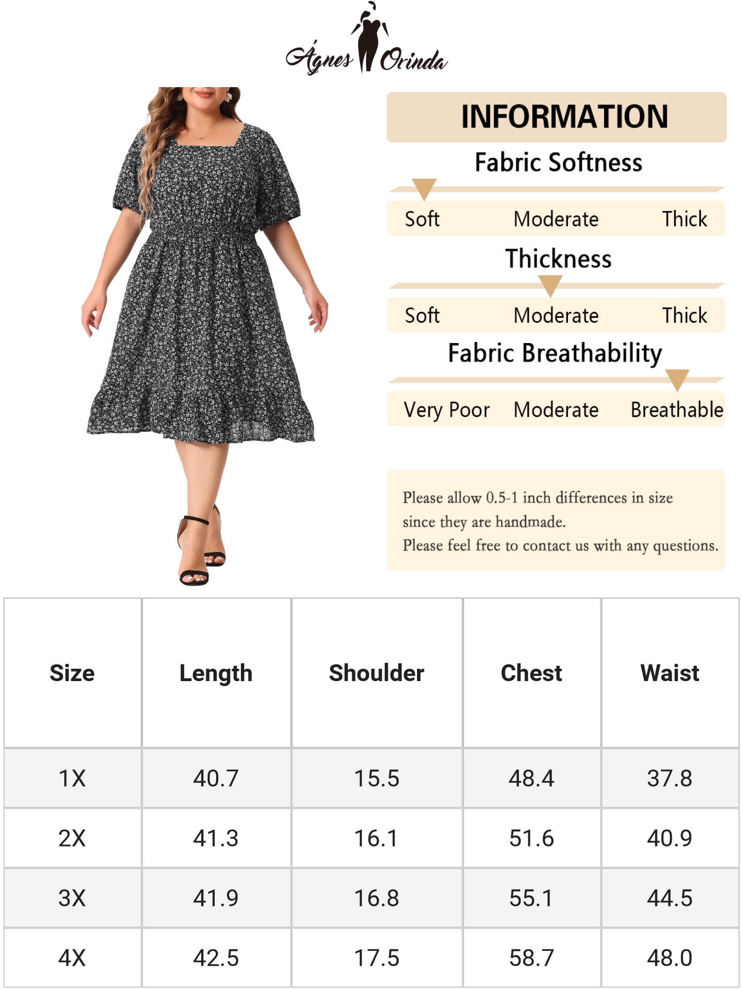 DARING DIVA Plus Size Midi Ruffle Hem Smocked Waist Floral Dress 3X Black White