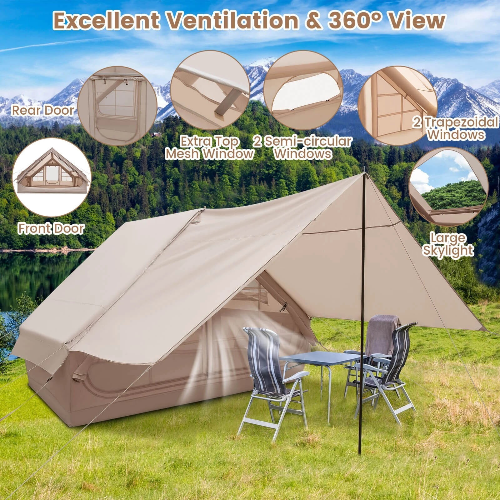 Auranook Inflatable Camping Tent 4-6 People Waterproof Blow-up Air Tent w/ Porch, Pump