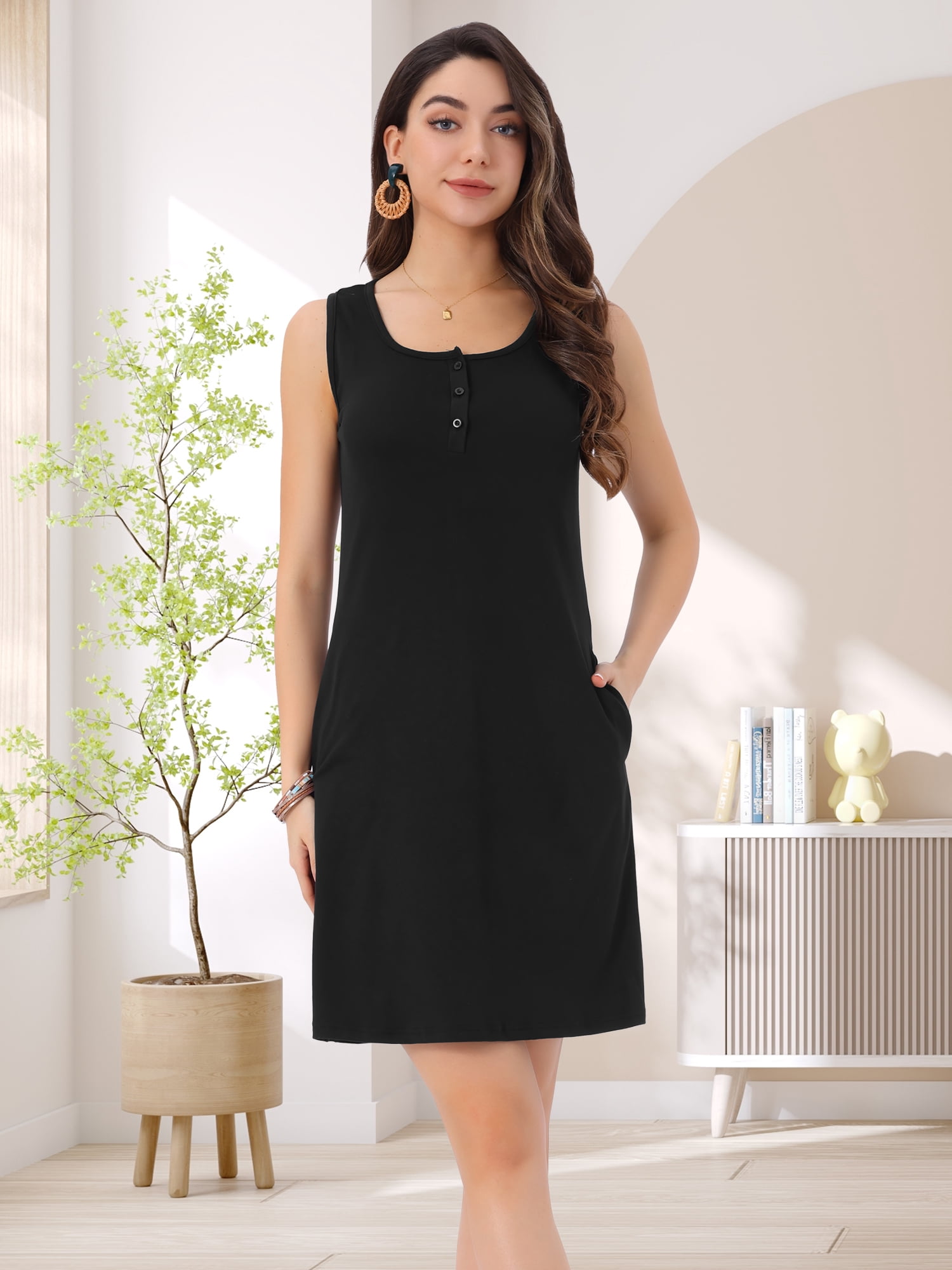 DARING DIVA Sleeveless U Neck Button Down Tank Dress M Black