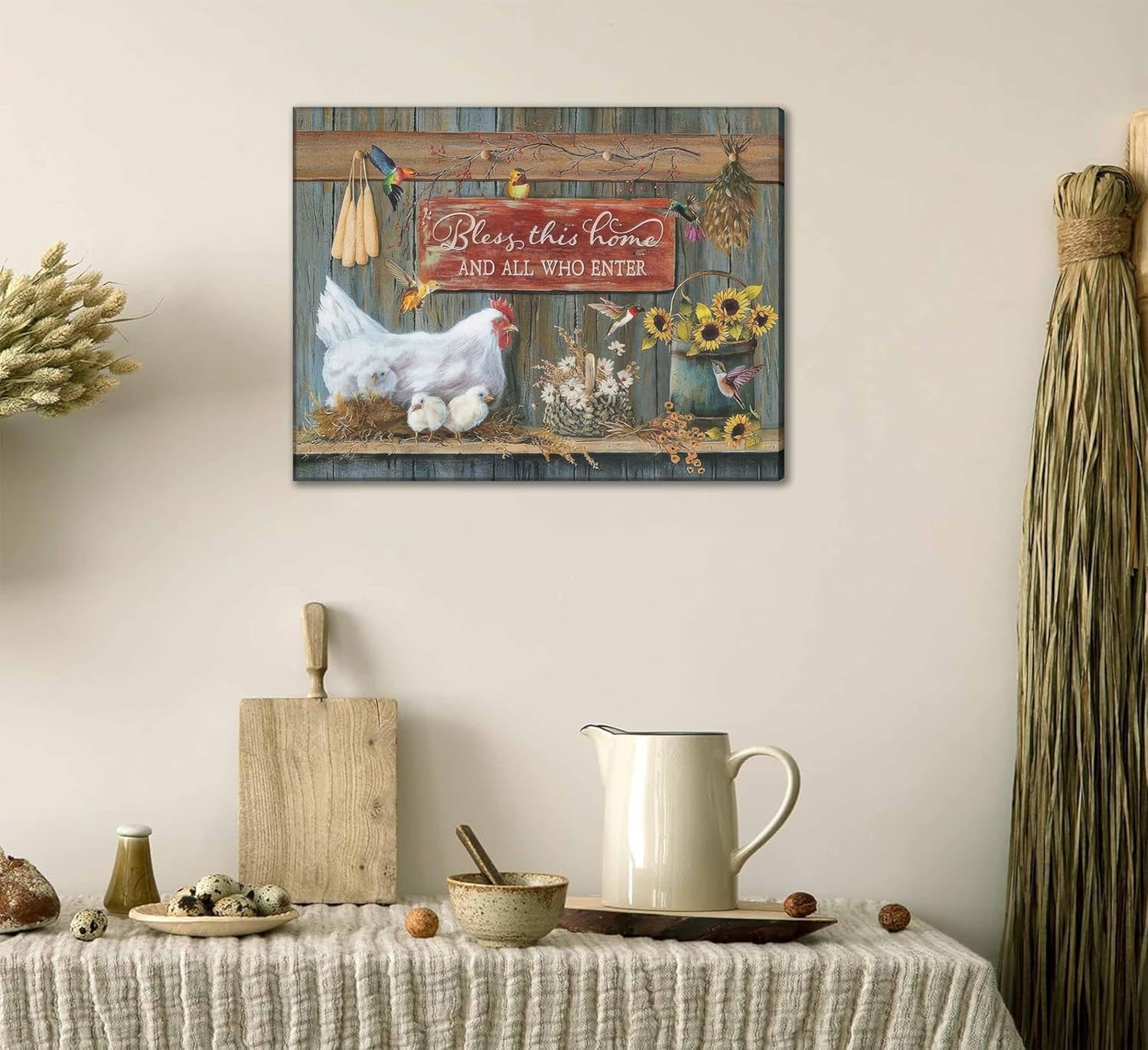 Farmhouse Country Chicken Canvas Wall Art Rustic Farm Hen Hatching Chicks Barn Animal Painting Picture Wall Decor Inspirational Quotes Flower Poster Prints for Kitchen Dining Room Decoration