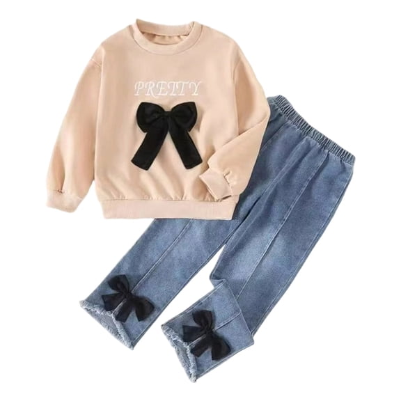 gibobby Kid Girl 2pcs Clothes Spring Fall Outfits Cute Sweet Bowknot Long Sleeve Bowknot Top Denim Pants Set