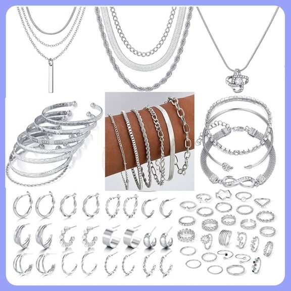 36 PC Silver Plated Jewelry Set With 3 Necklace, 7 Ear Cuffs Earring, 12 Bracelet, 14 Knuckle Rings For Women Valentine Anniversary Birthday Gift