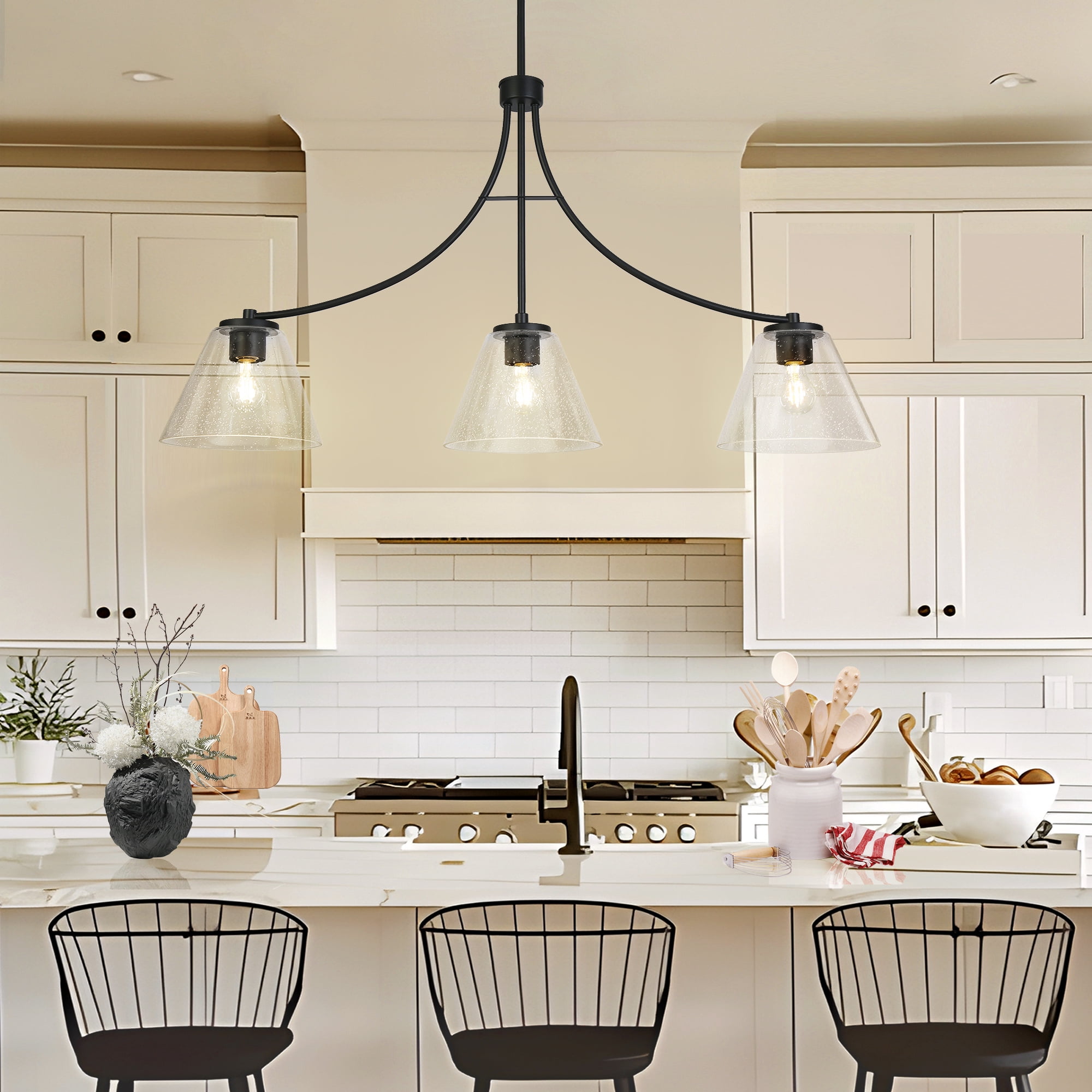 LNC Pulpmille 3 -Light 42''L Matte Black and Seeded Glass Farmhouse Seeded glass Linear Large Hanging Kitchen Island Light