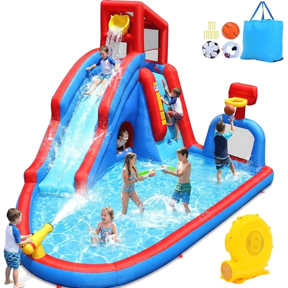 Veeboto 8 in 1 Water Slide with Blower，Outdoor/Indoor Inflatable Bouncy House with Slide, Pool, Climbing Wall, Basketball Hoop, Soccer Goal, Water Cannon, Tunnel, Water Park for Big Kids