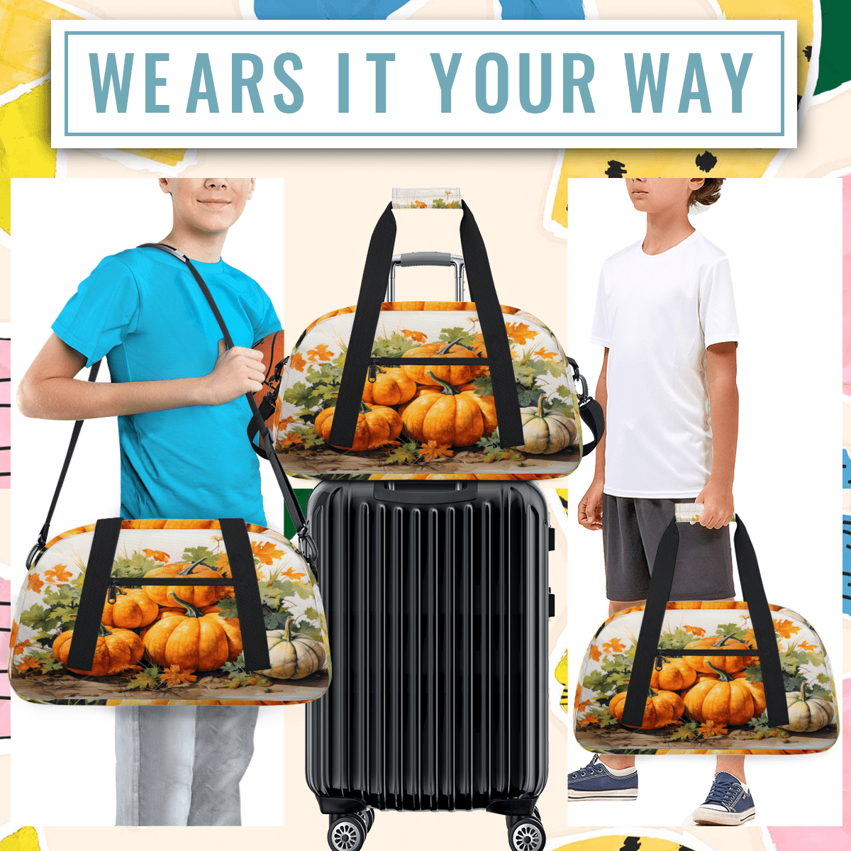 Herdesigns Fall Watercolor Pumpkin Sports Duffle Bag for Women & Men, Autumn Gym Bag Dance Bag Overnight Bag Carry On Weekender Travel Bag