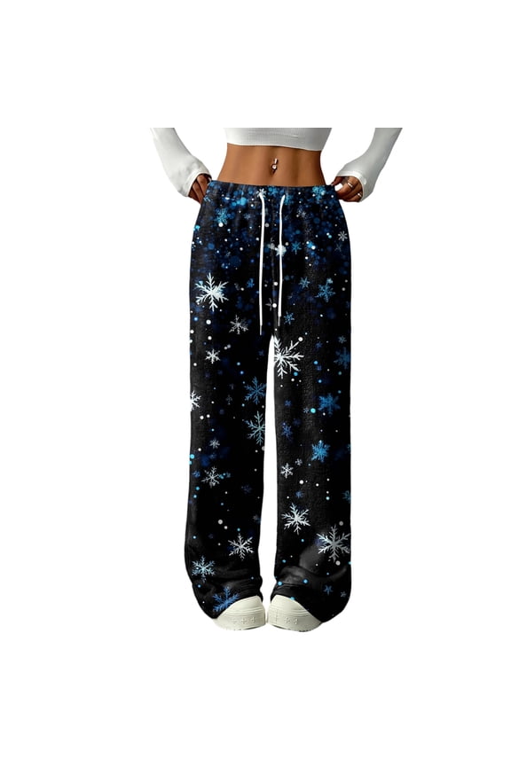 Fleece Pj Pants Women Christmas Fluffy Fleece Elastic Waist Wide Leg Lounge Pants with Pockets Fall Winter Warm Pj Soft Sleep Bottoms