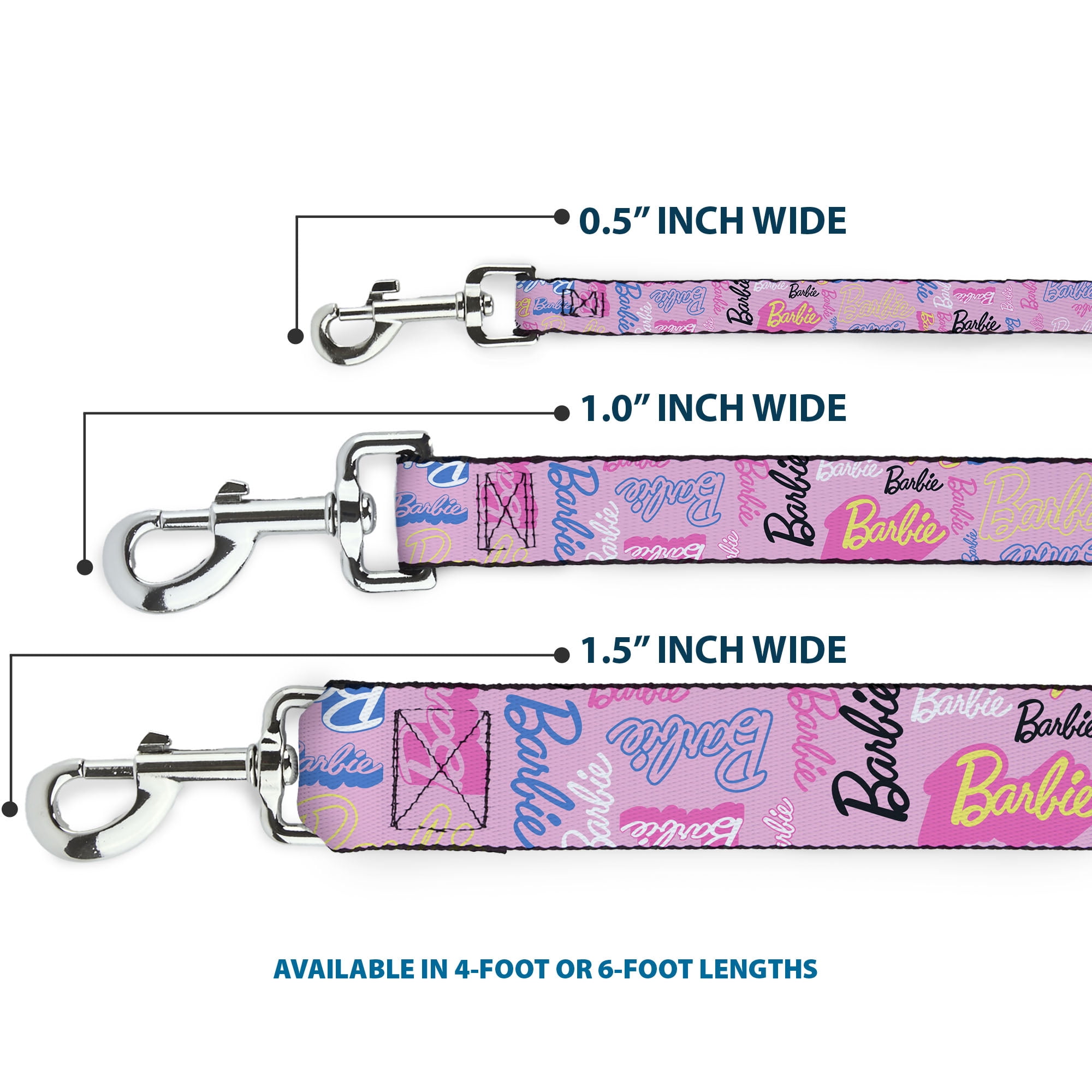 Mattel Pet Leash, Dog Leash, Barbie Script Signature Collage Pink Multi Color, 6 Feet Long 1.0 Inch Wide