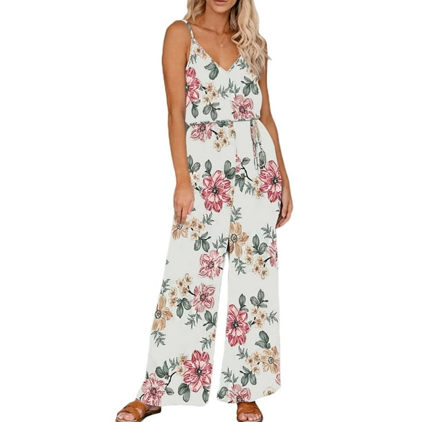 Mono sin mangas Sunloudy para mujer con estampado floral, correas ajustables, cuello en V profundo, cintura alta, ropa de verano Sunloudy S M L XL XXL
