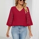 thumbnail image 5 of Blusa de retales de encaje con cuello en V y media manga para mujer, holgada y transpirable para primavera y verano, color rojo L, 5 of 8