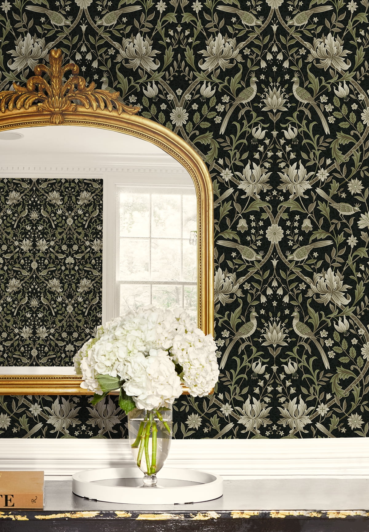 NextWall Ebony & Rosemary Vintage Bird Ogee Peel and Stick Wallpaper - 20.5 in. W x 18 ft. L Roll