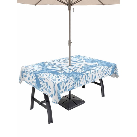 Outdoor Tablecloth with Umbrella Hole & Zipper, Blue Coral Coastal Rectangle Tablecloth 60x120 Inch, Summer Nautical Ocean Beach Patio Table Cover Waterproof Table Cloth for Picnic/Party