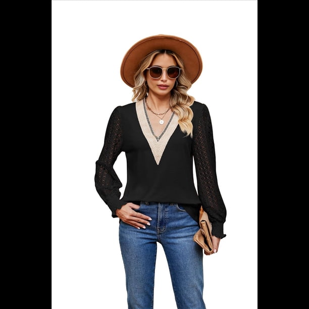 Blusa Informal de Larga con Volantes y Cuello en V para Mujer Negro XL