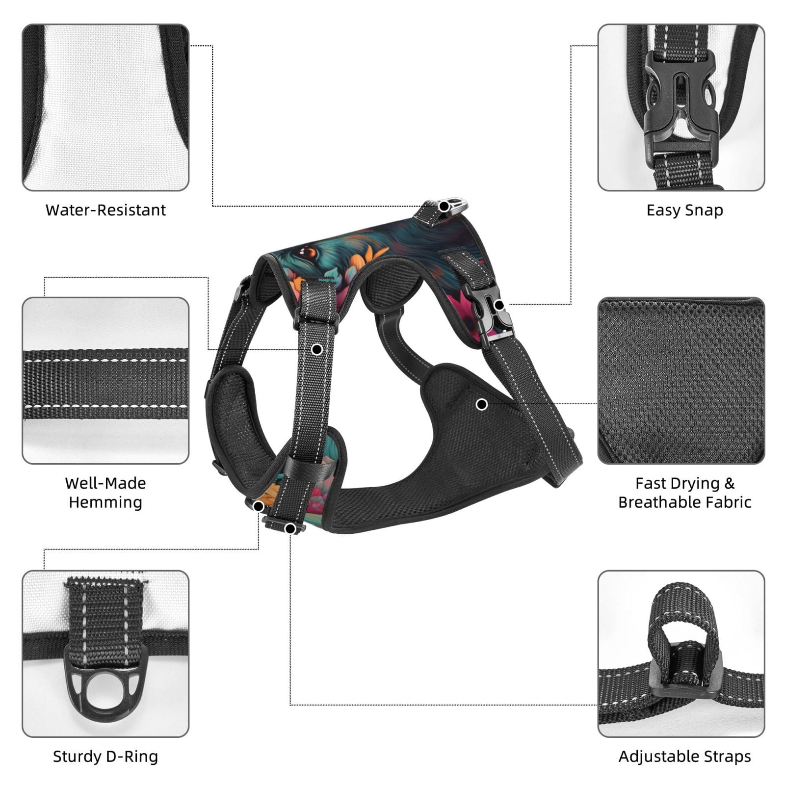 Kdxio Colorful Flower Dog A Print No Pull Dog Harness Adjustable Reflective Oxford Easy Control Medium Large Dog Harness for Training and Everyday-Small