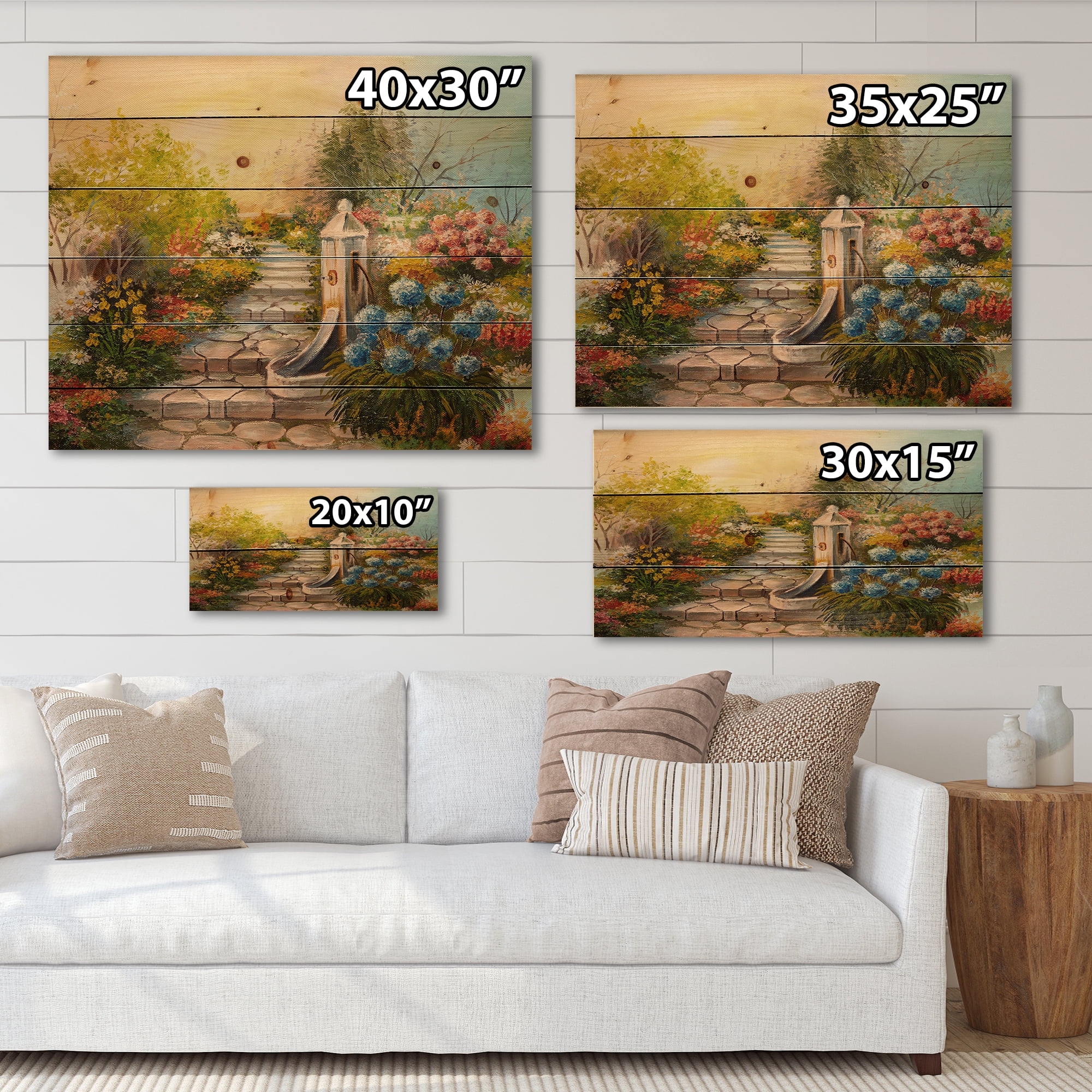 Designart 'Stone Stairs In The Blossoming Flowers Forest' Traditional Print on Natural Pine Wood