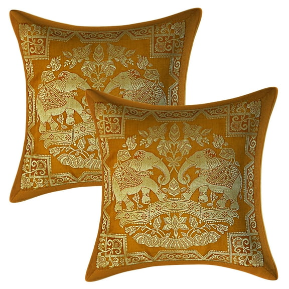 Stylo Culture Ethnic Living Room Brocade Mustard Yellow And Gold Throw Pillow Covers 12x12 Jacquard Weave Banarsi Sofa Pillow Covers Elephant Floral 30x30 cm Cushion Covers (Set Of 2)