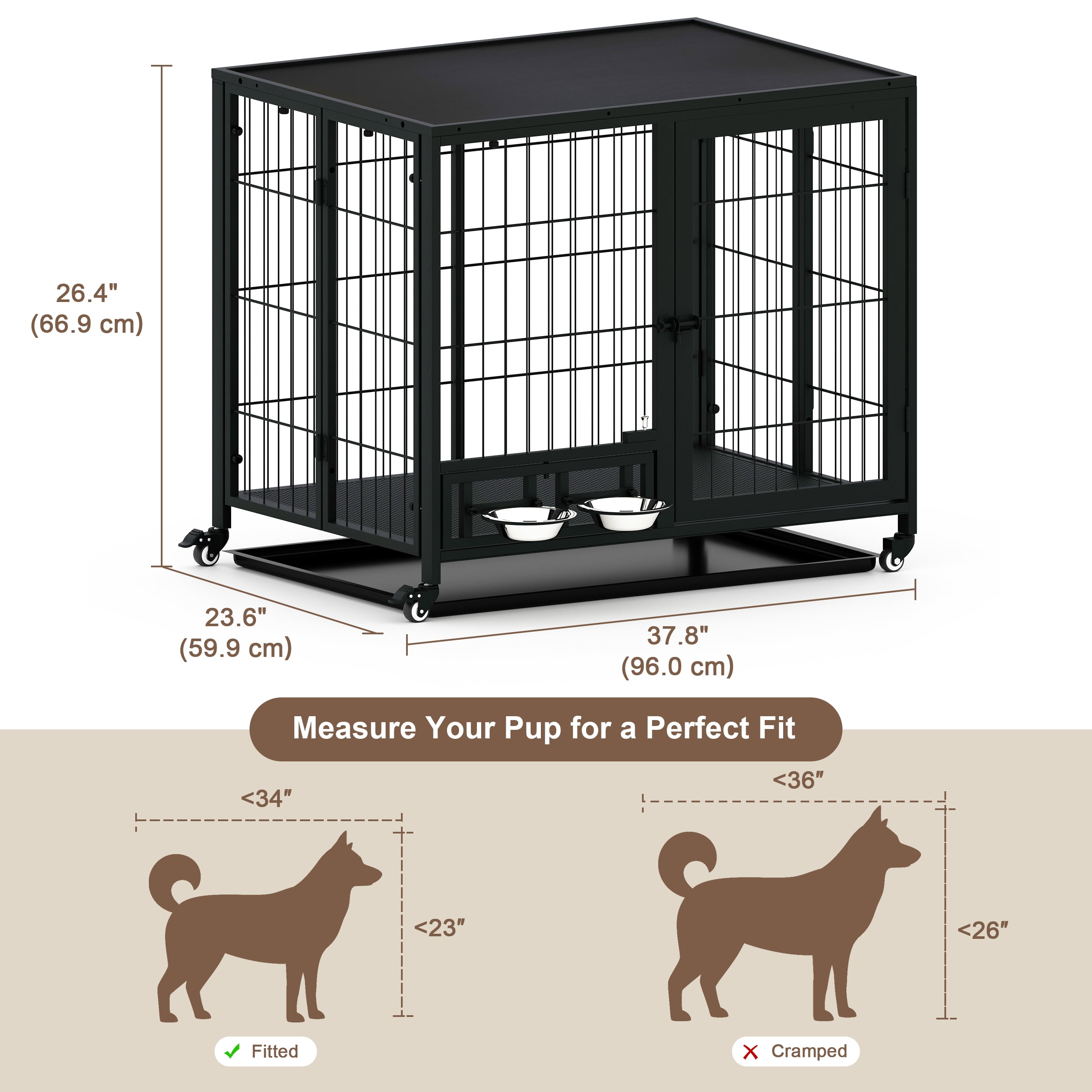 Amoveo 37.8" Heavy Duty Dog Crate for Medium Dogs, 3-in-1 Collapsible Metal Kennel & Playpen with Lockable Wheels & Feeding Bowls, Indoor Outdoor,Black