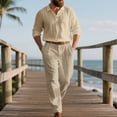 thumbnail image 2 of Men's Long Sleeve Casual Linen Shirt and Pants Set, Lightweight Breathable Outfit for Summer Beach, Relaxed Fit, 2 of 5