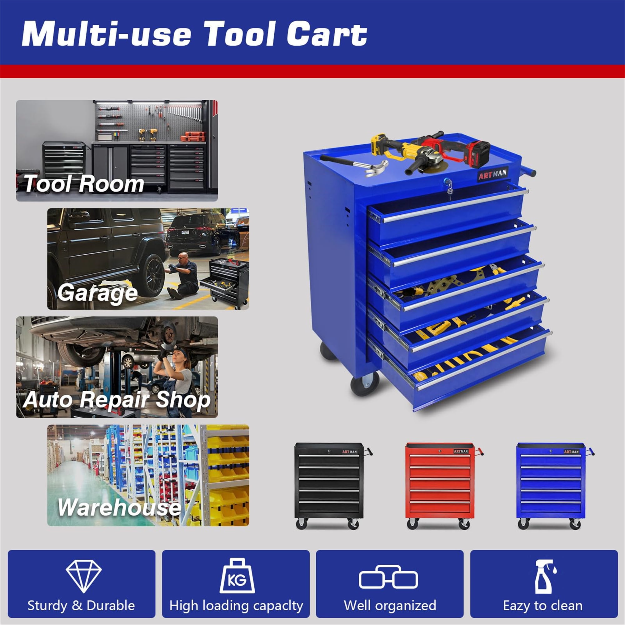 Aukfa Tool Chest, 5-Drawer Steel Rolling Tool Box on Wheels for Workshop Garage, Blue