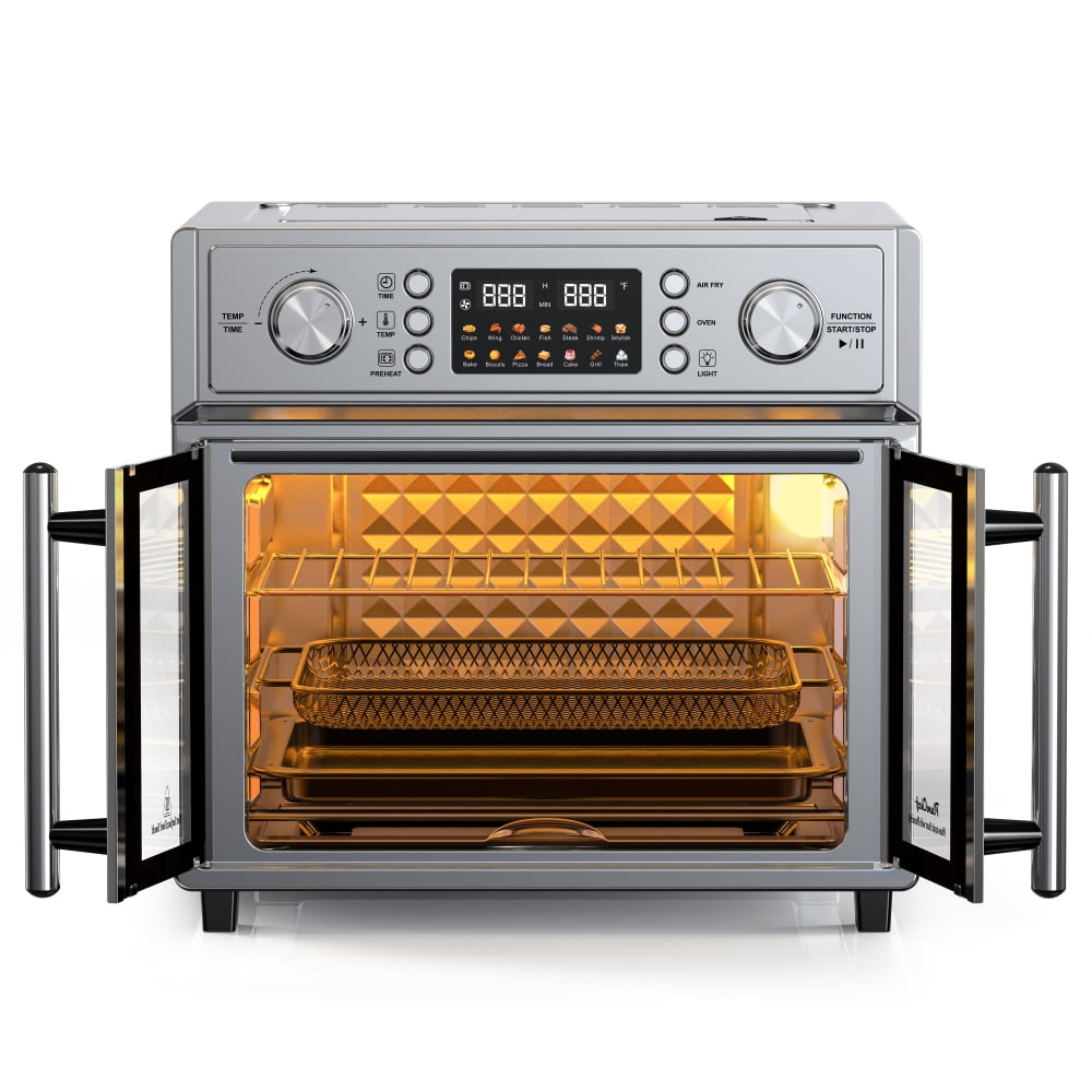 PlumChef 26QT Large Capacity French Double-Door Air Fryer Convection Toaster Oven, 1700W, 14 Preset Menus, 7-in-1 Multi-Function (Bake, Roast, Gril,Toast,Dehydrate&Defrost), Stainless Steel,silvery