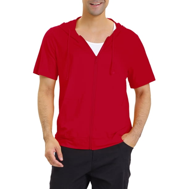 INSPIRAR CHIC Sudaderas de manga corta para hombres del Día del Padre, chaquetas con capucha de color sólido, con cremallera, rojas