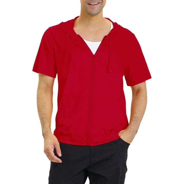 Unique Bargains Chandails à Capuchon pour Hommes, Couleur Unie, Veste à Fermeture Éclair à Manches Courtes