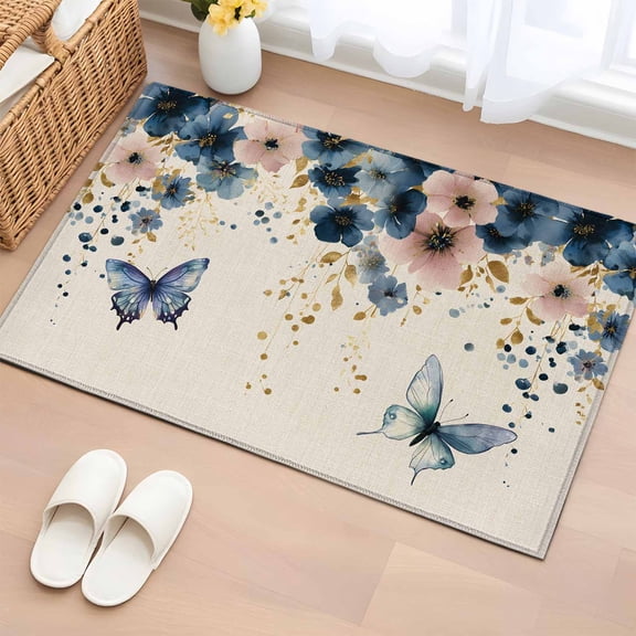 Weeping Blue Floral Entryway Rug 2'x3' Non Slip Front Door Mats, Spring Butterflies Flowers Linen Entrance Rugs Indoor Outdoor Carpet, Washable Floor Mats Small Area Rug for Bedroom Kitchen